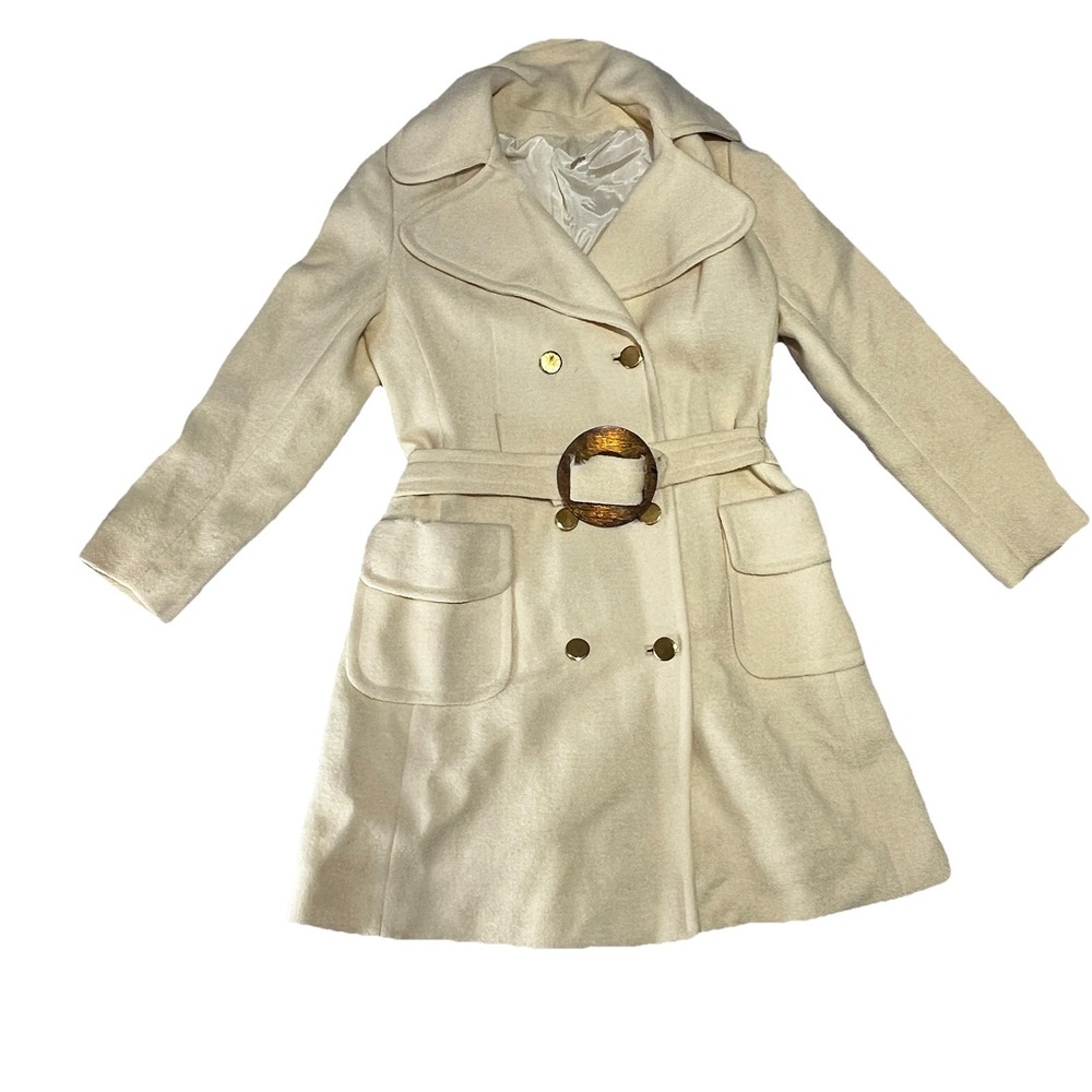Vintage Youthcraft Cream Wool‎ Belted, Pleated Coat, Peacoat Style 1960s